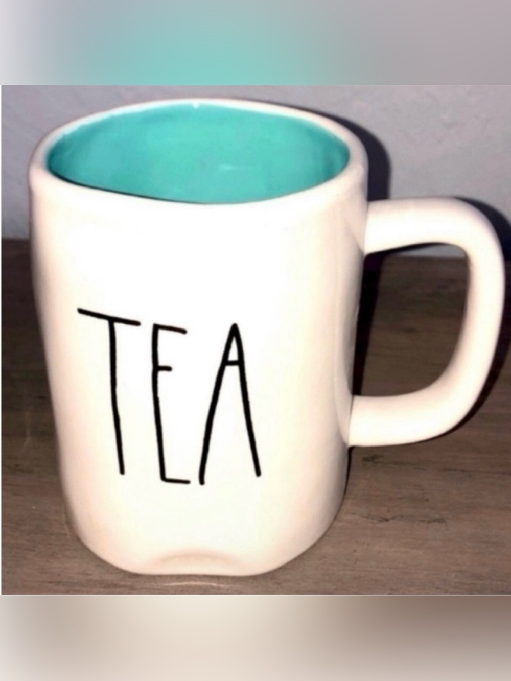 RAE DUNN ‘TEA’ Large White Mug with Aqua Blue Inside RARE